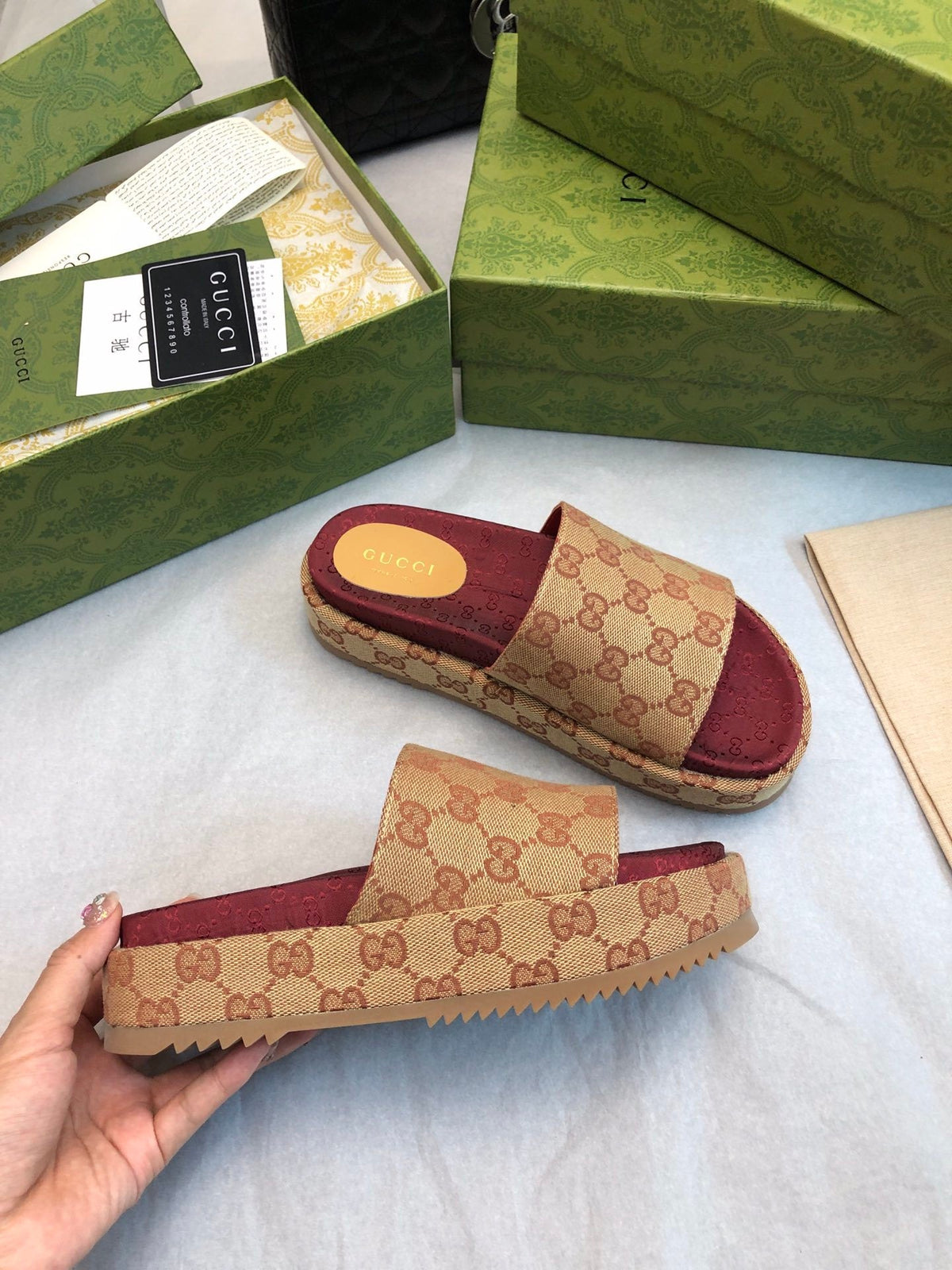 BEIGE & BURGUNDY MONOGRAM PLATFORM SLIDES