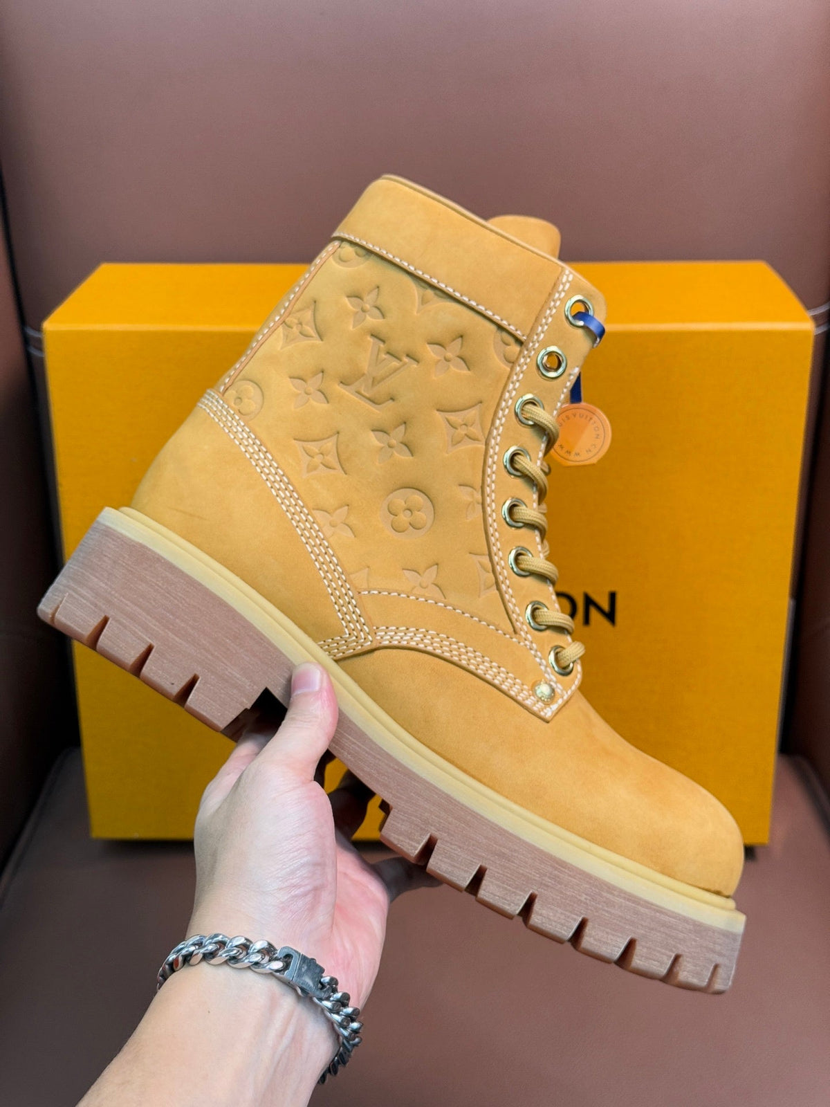 TAN MONOGRAM SUEDE COMBAT BOOTS