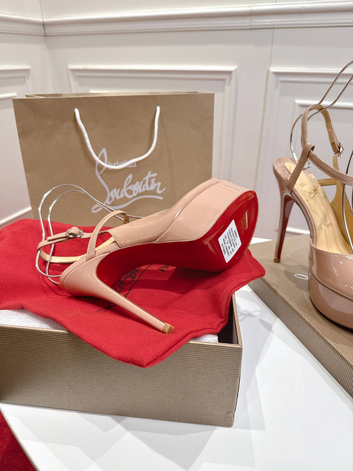NUDE PATENT PLATFORM PEEP-TOE ANKLE STRAP HEELS