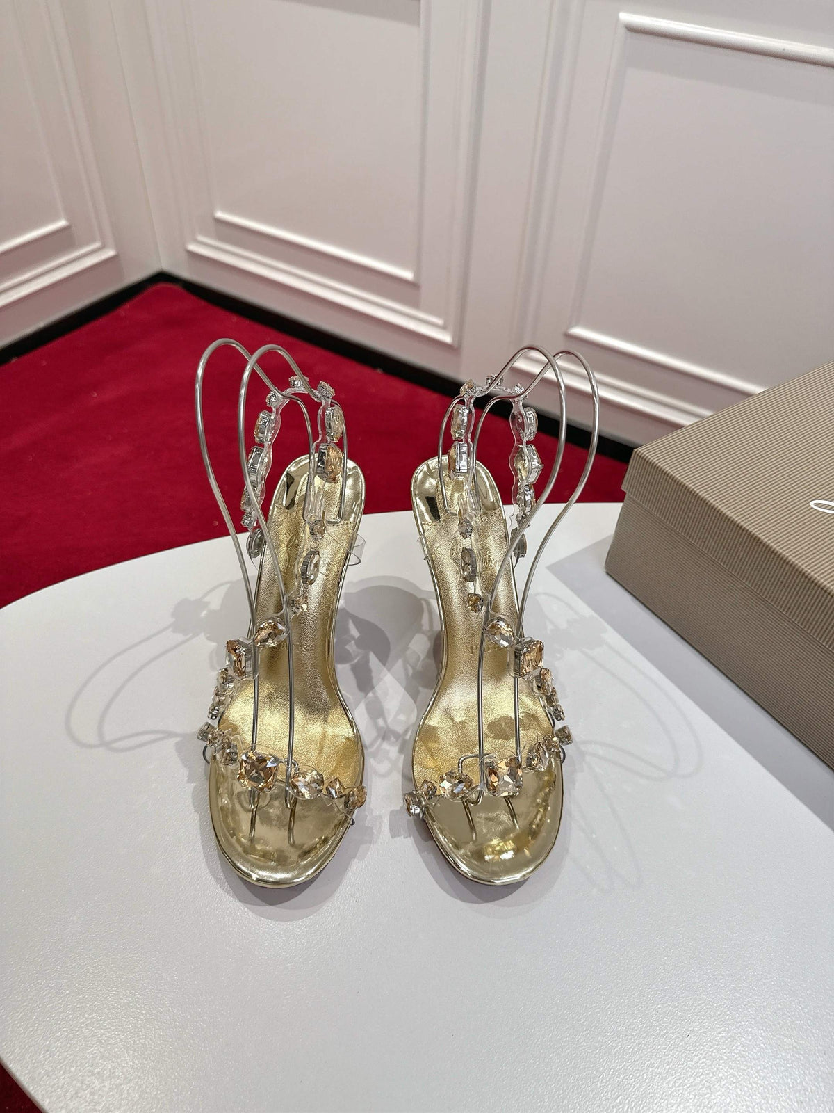 GOLD EMBELLISHED CRYSTAL STRAPPY STILETTO SANDALS
