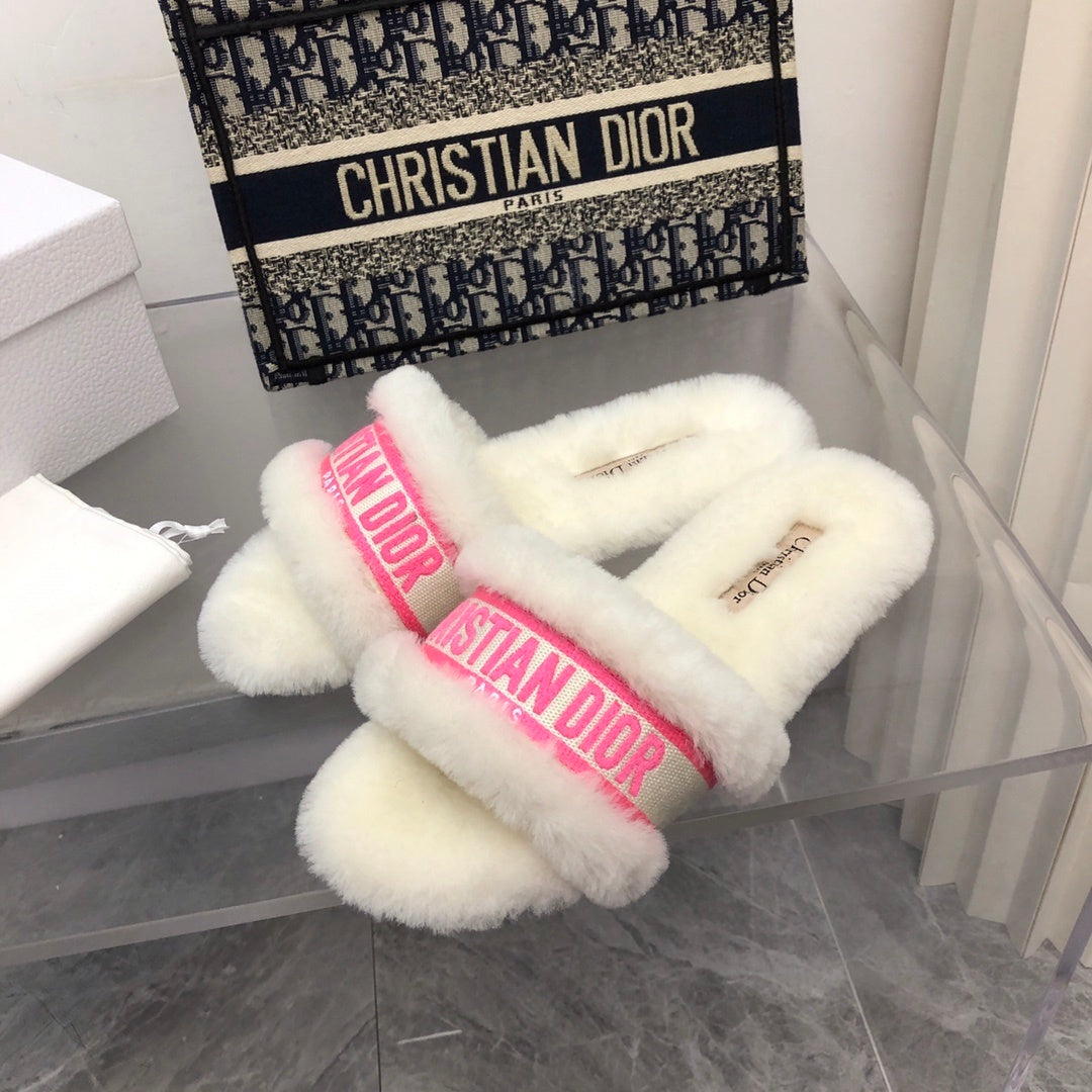 FUR TRIM LOGO STRAP SLIDE SANDALS