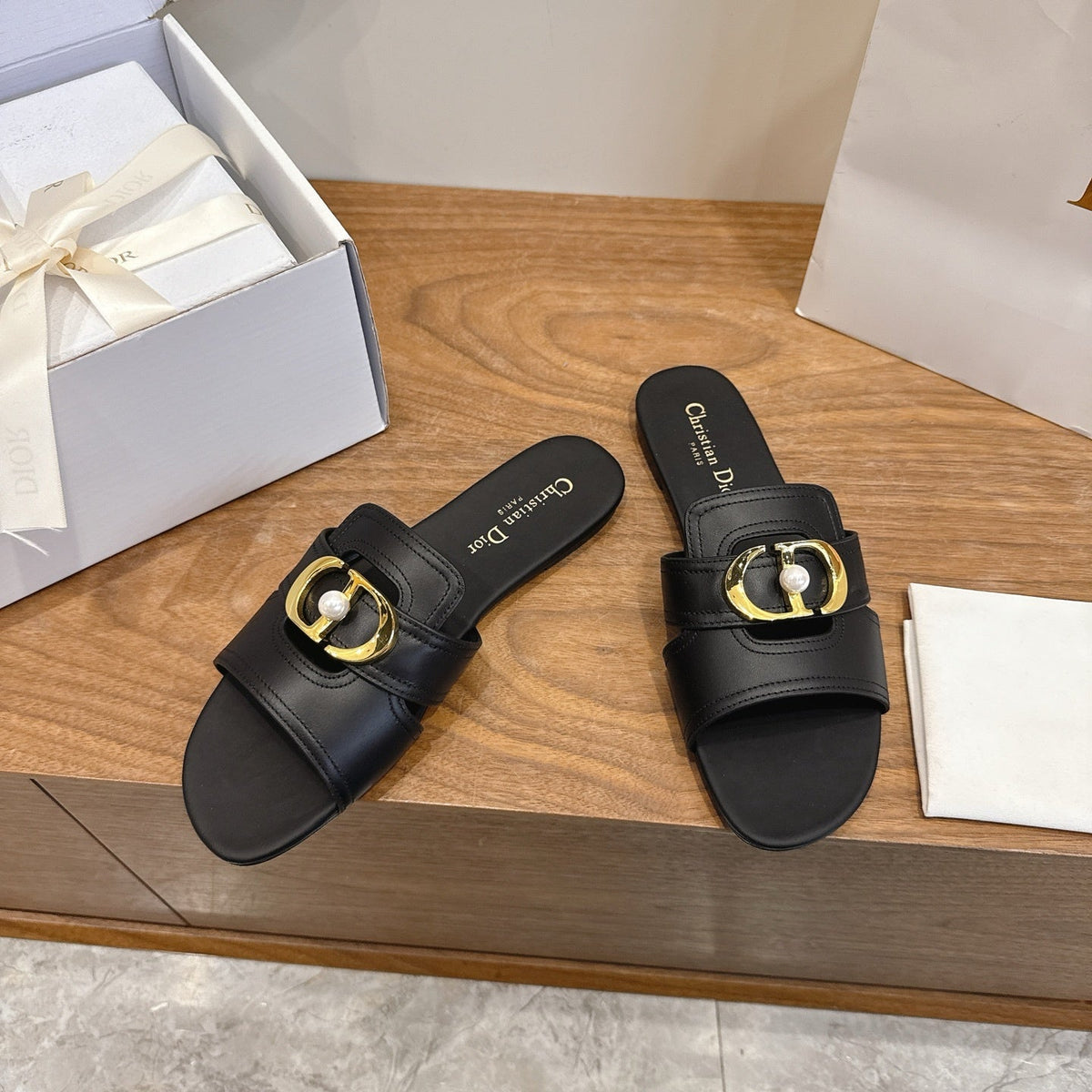 BLACK LEATHER GOLD BUCKLE SLIDE SANDALS