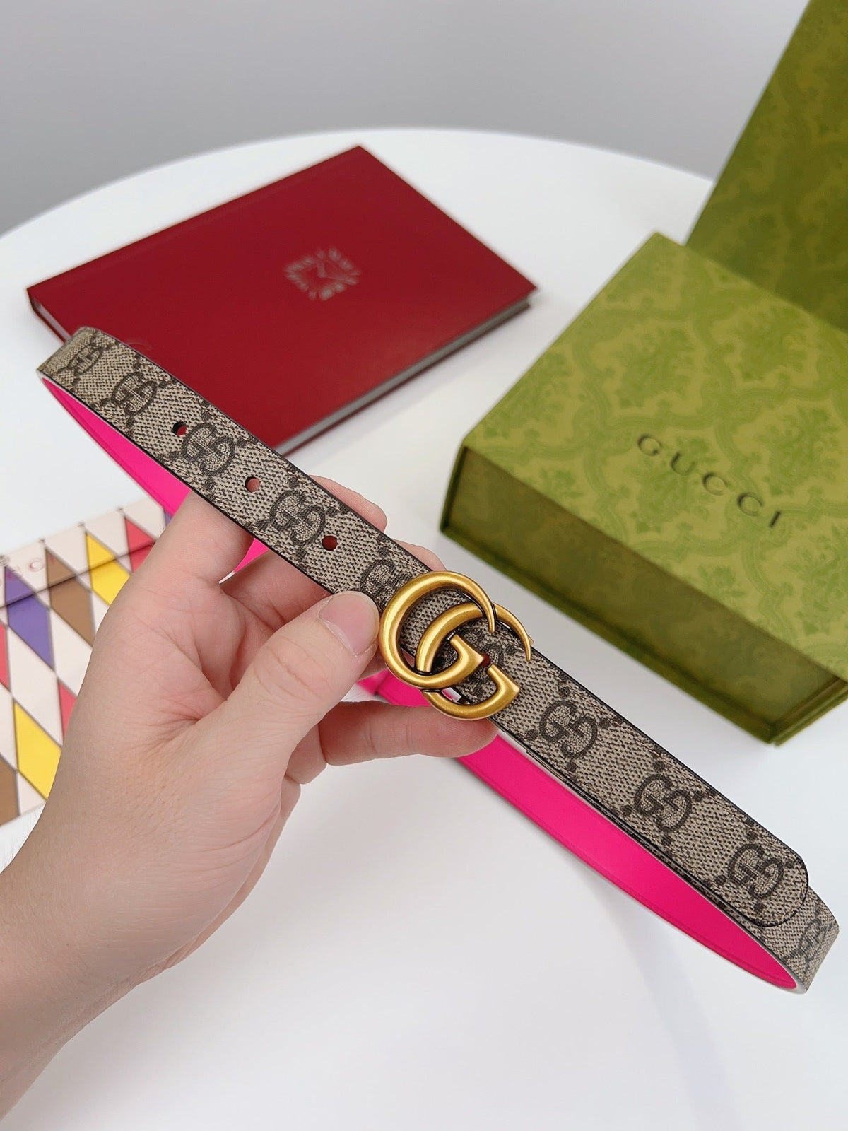 REVERSIBLE MONOGRAM BELT WITH PINK LEATHER AND GOLD DOUBLE RING BUCKLE