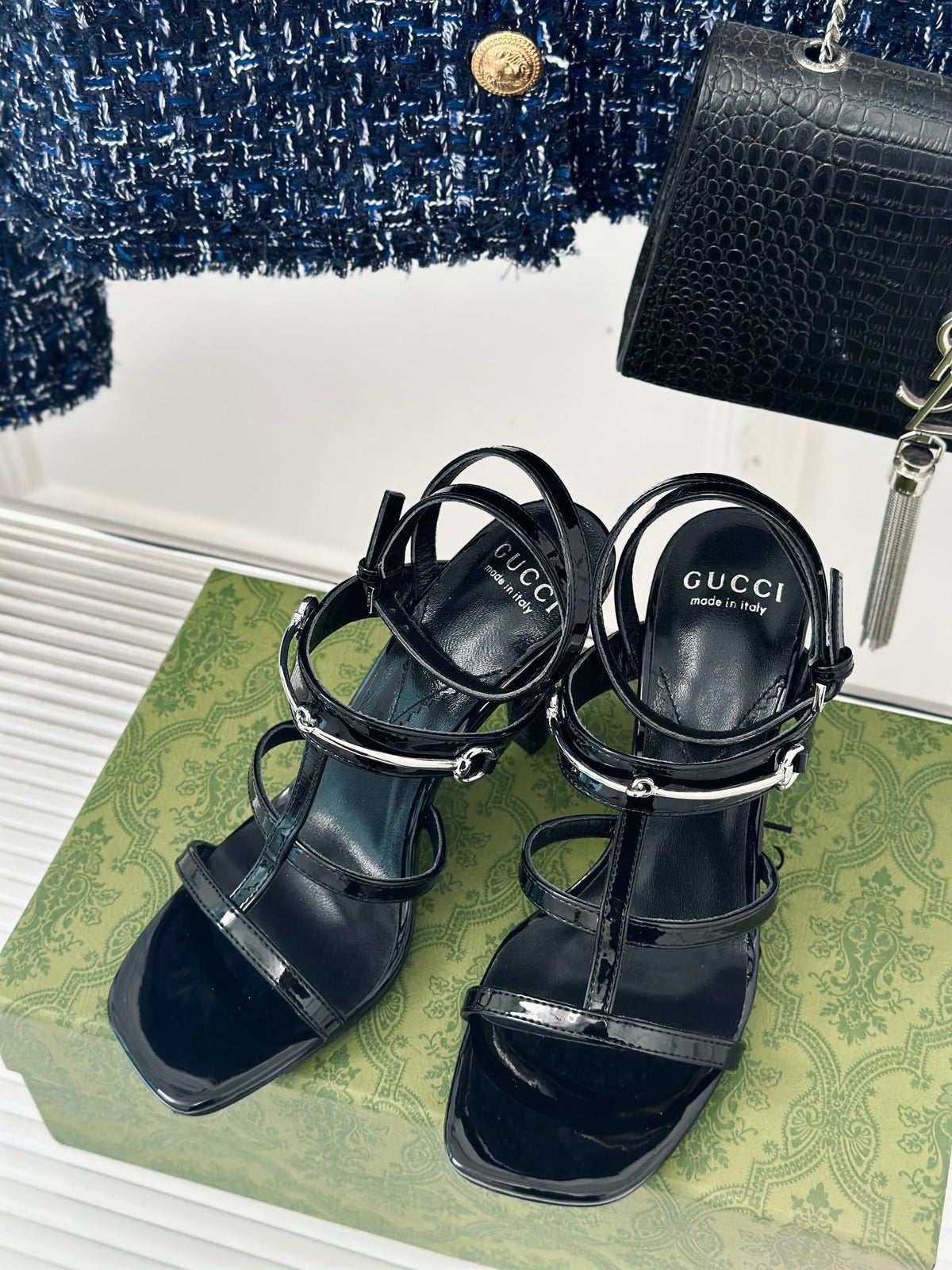 PATENT BLACK STRAPPY HEEL SANDALS WITH METAL DETAIL