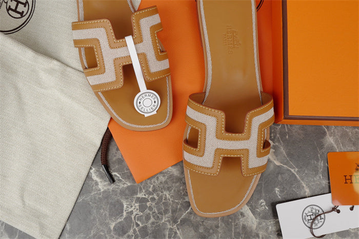 TAN CONTRAST STITCH H-CUT SLIDE SANDALS
