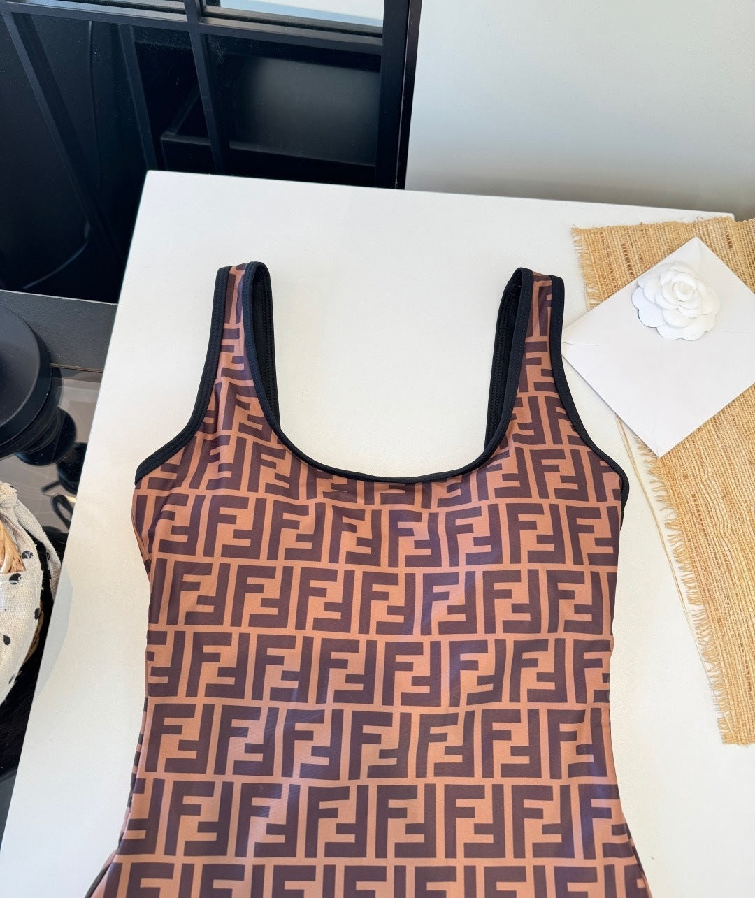 BROWN MONOGRAM SCOOP NECK ONE-PIECE SWIMSUIT