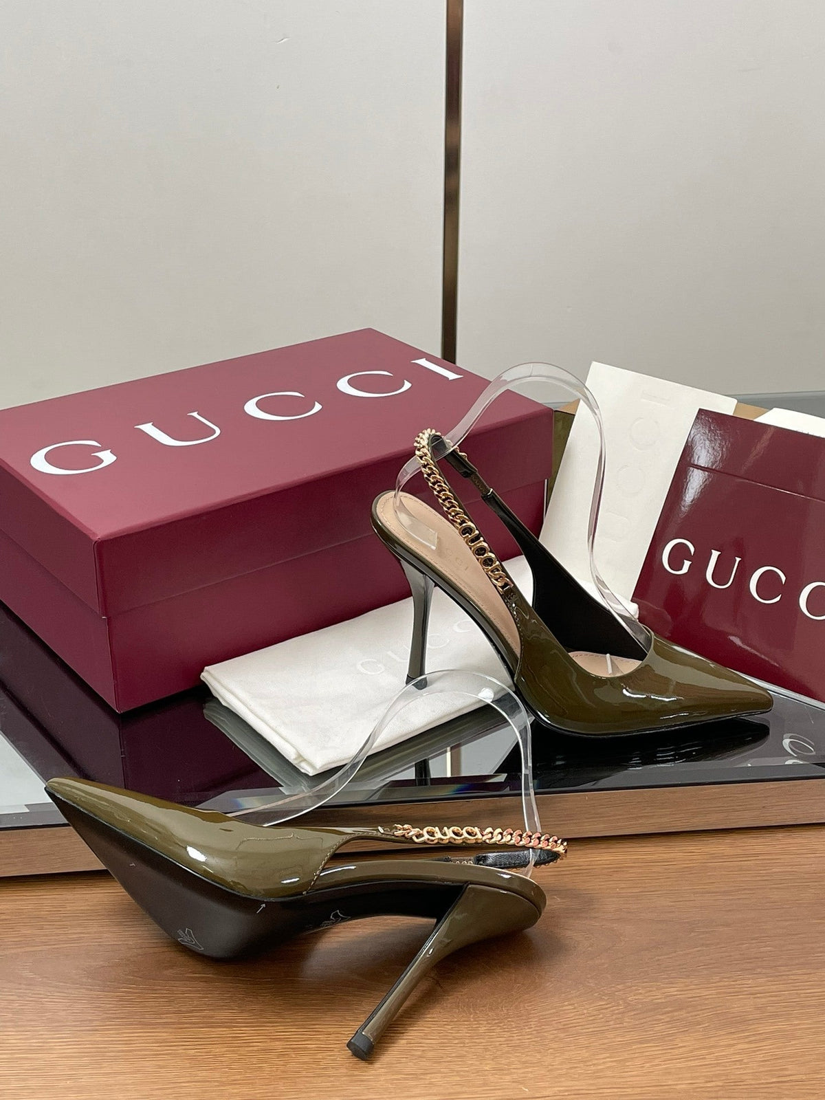 OLIVE PATENT SLINGBACK HEELS