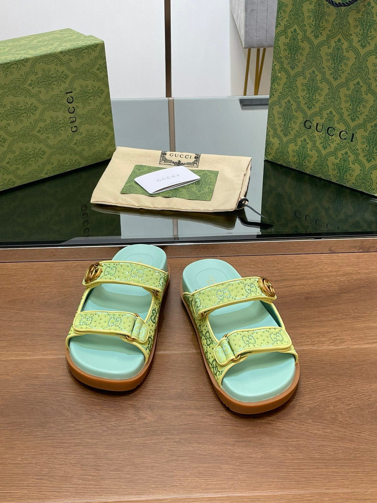 GREEN MULTI-STRAP LOGO SANDALS