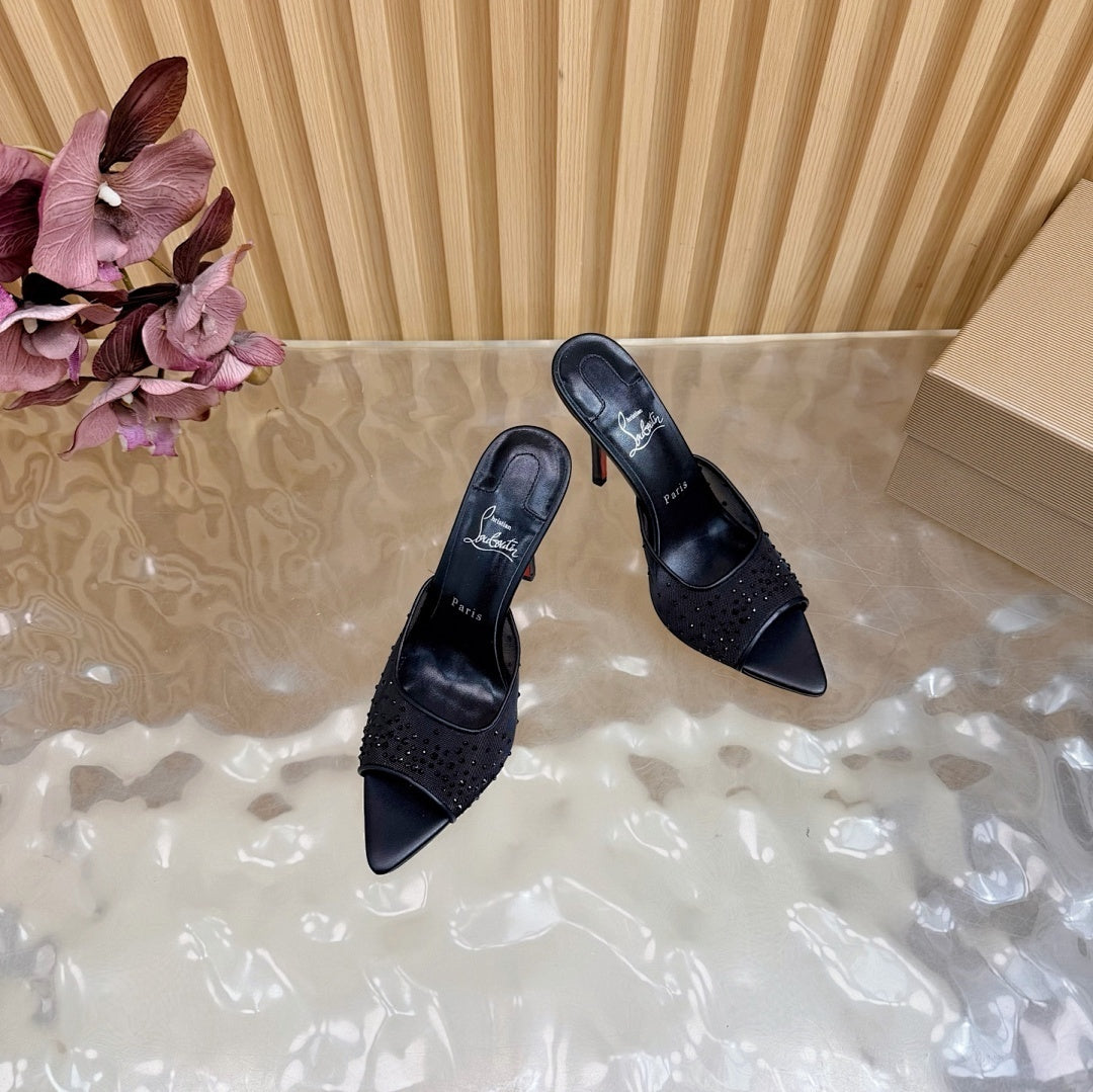 BLACK RHINESTONE MULE HEELS
