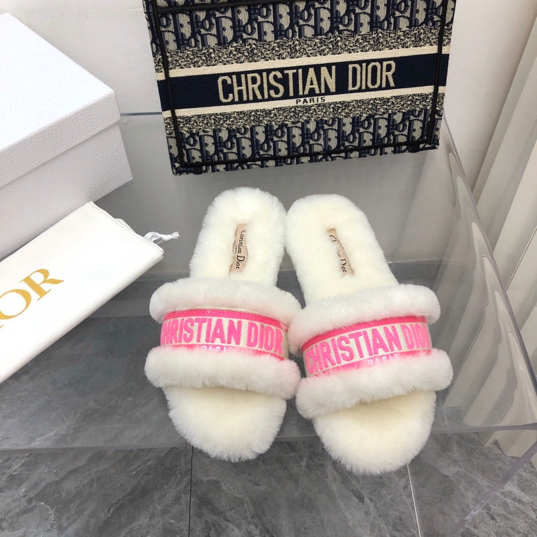 FUR TRIM LOGO STRAP SLIDE SANDALS