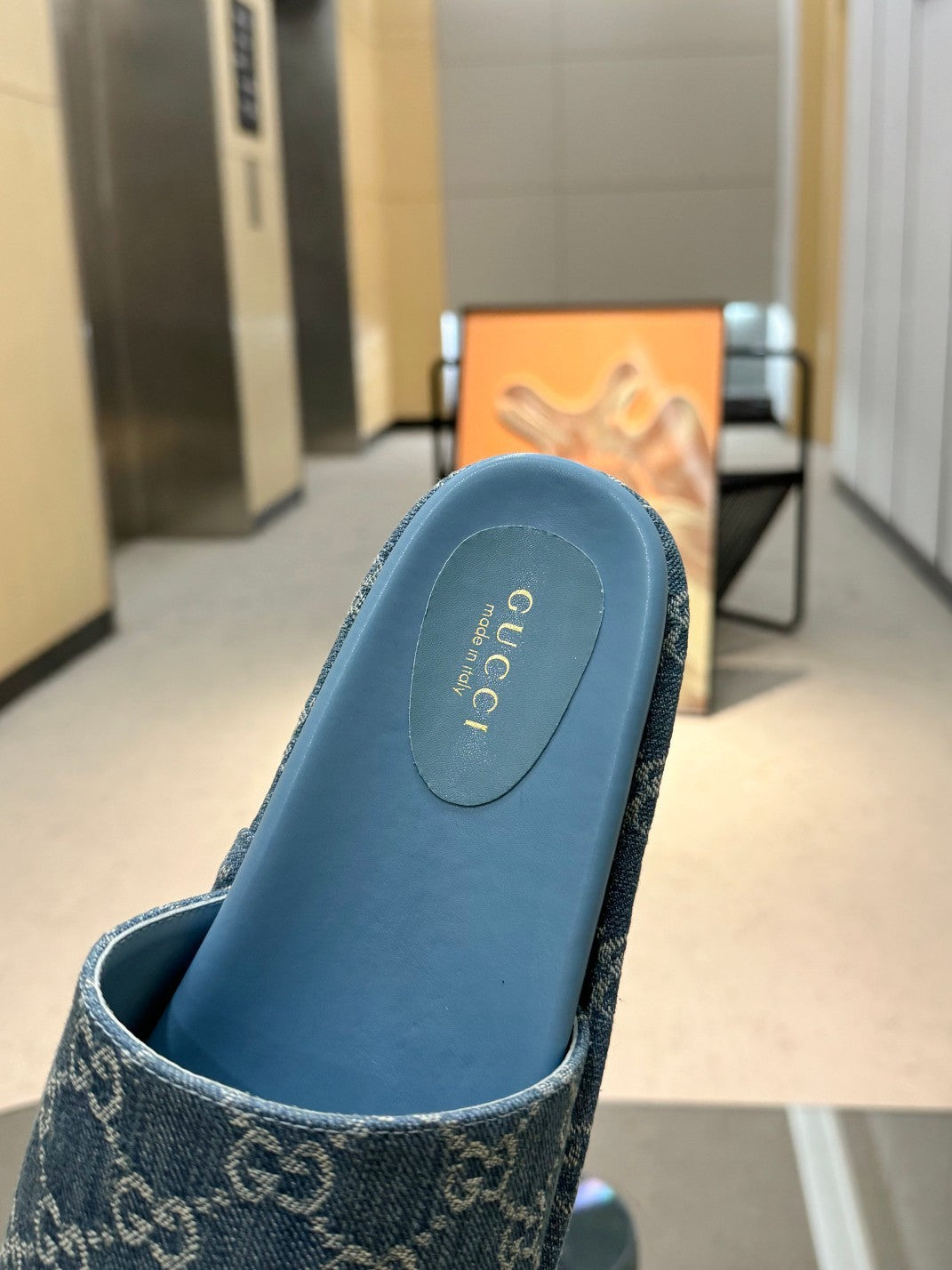 DENIM MONOGRAM PLATFORM SLIDE SANDALS
