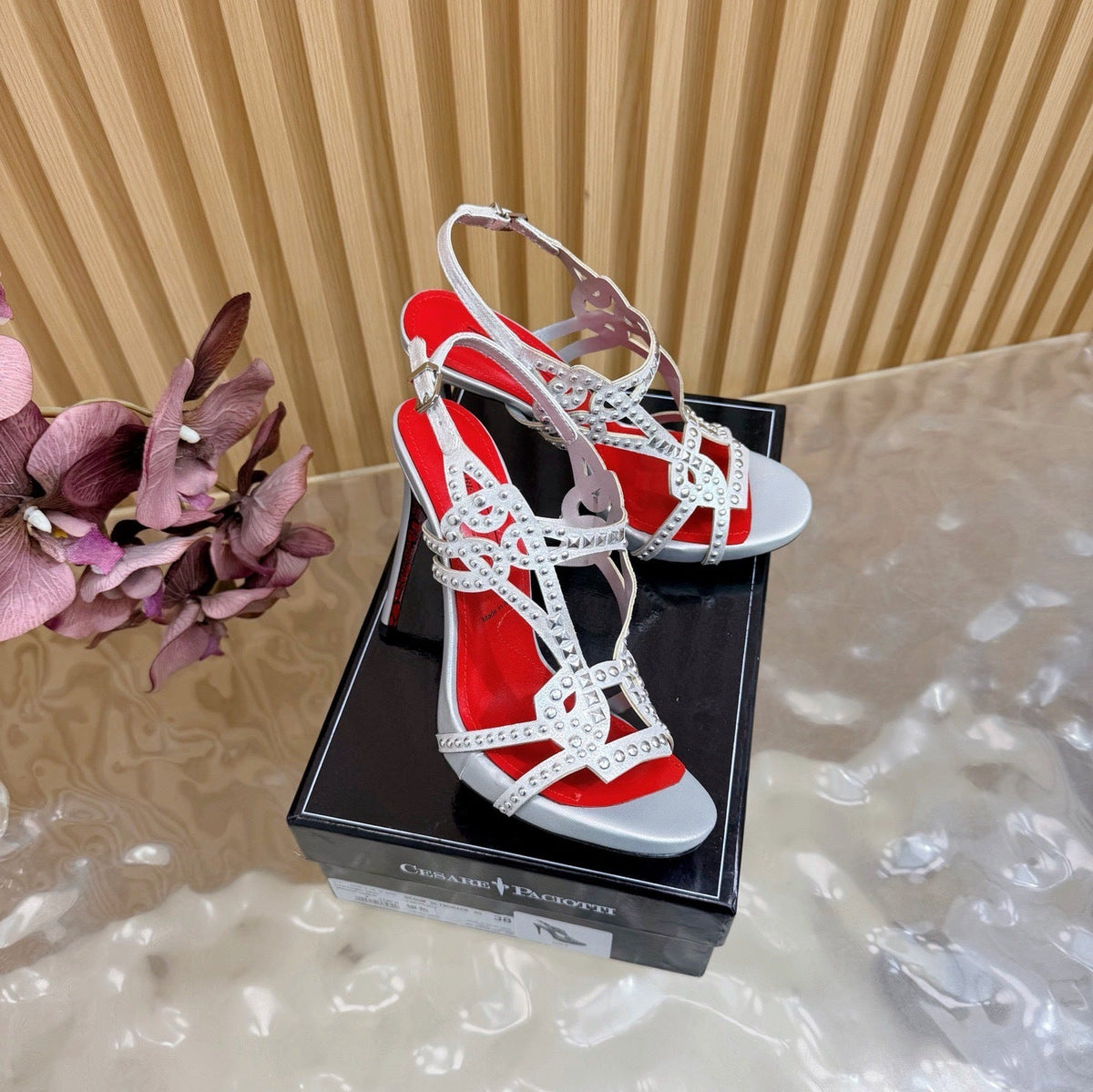 CRYSTAL STUD GLADIATOR STILETTO SANDALS – SILVER EDITION