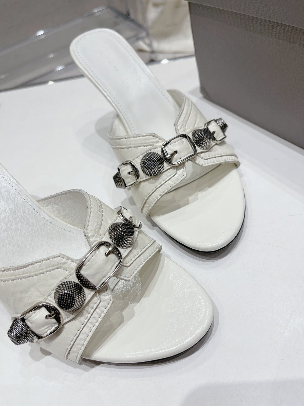 WHITE EMBELLISHED MID HEEL MULE SANDALS