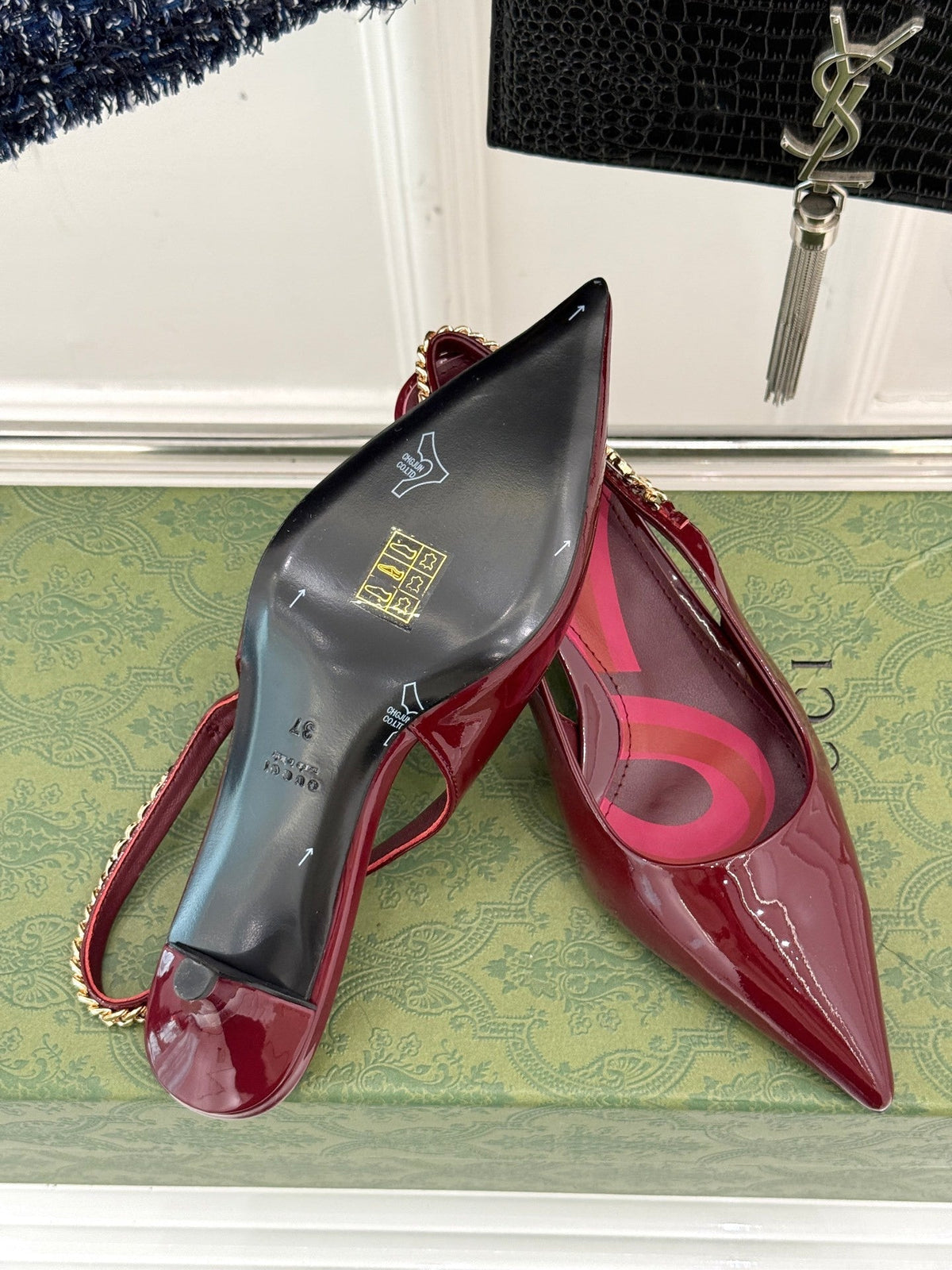BURGUNDY PATENT CHAIN SLINGBACK HEELS
