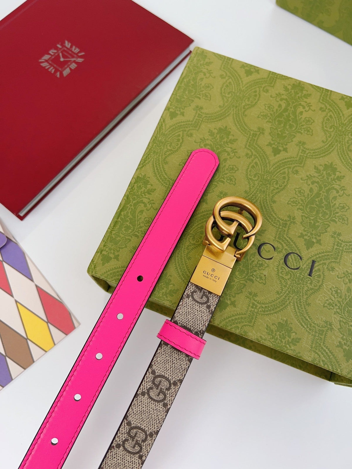 REVERSIBLE MONOGRAM BELT WITH PINK LEATHER AND GOLD DOUBLE RING BUCKLE