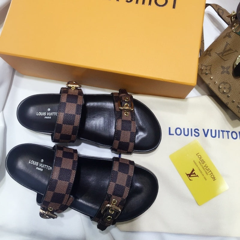 BROWN CHECKERED DOUBLE STRAP DESIGNER SLIDES