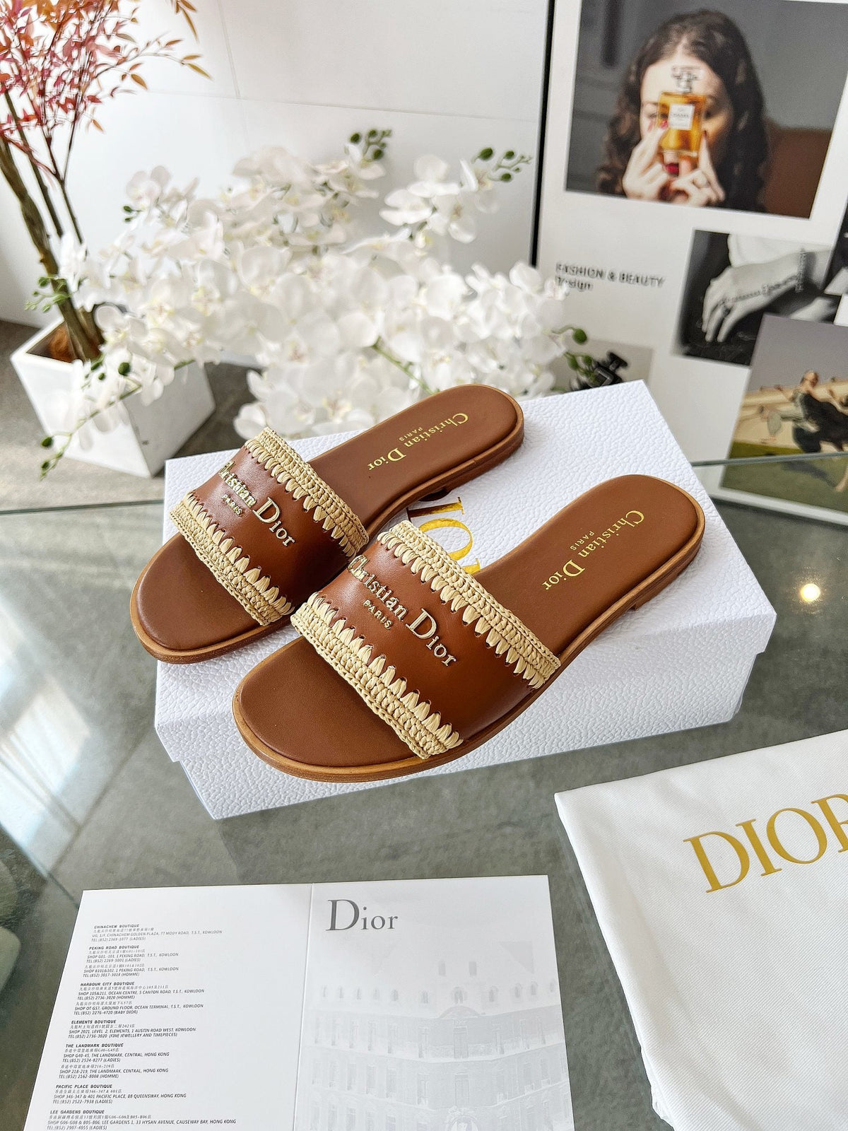 TAN WOVEN LOGO STRAP FLAT SLIDES