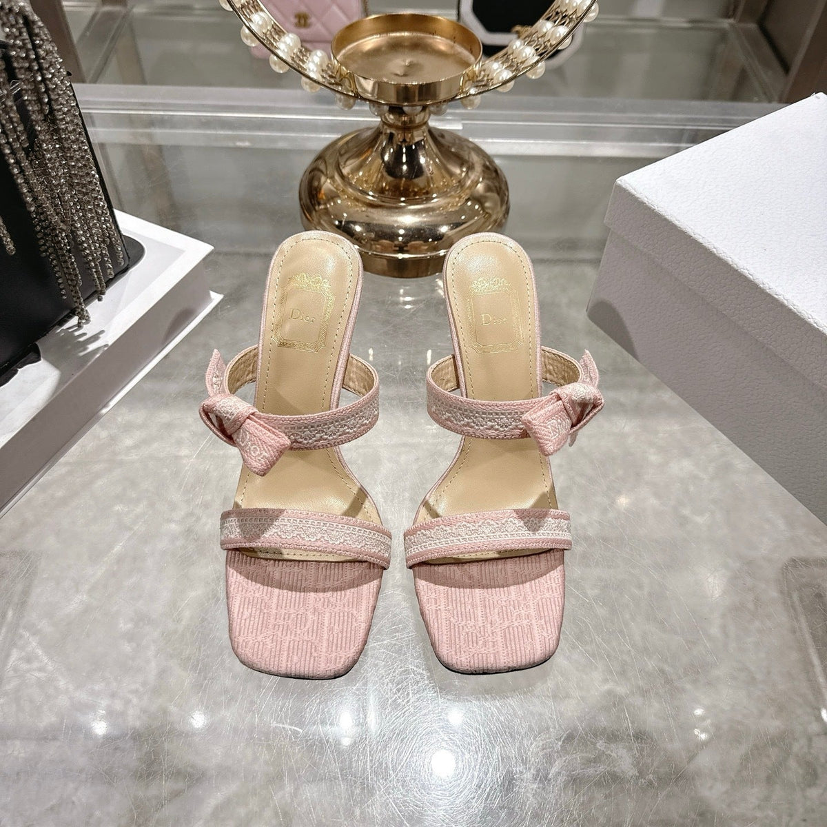 BOW-DETAIL JACQUARD HEELED MULE SANDALS