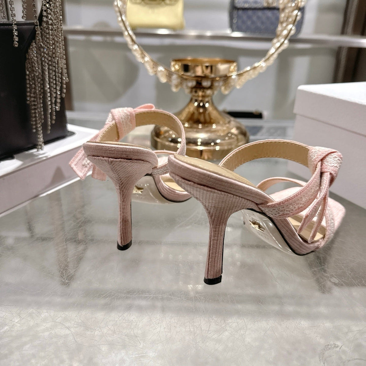 BOW-DETAIL JACQUARD HEELED MULE SANDALS