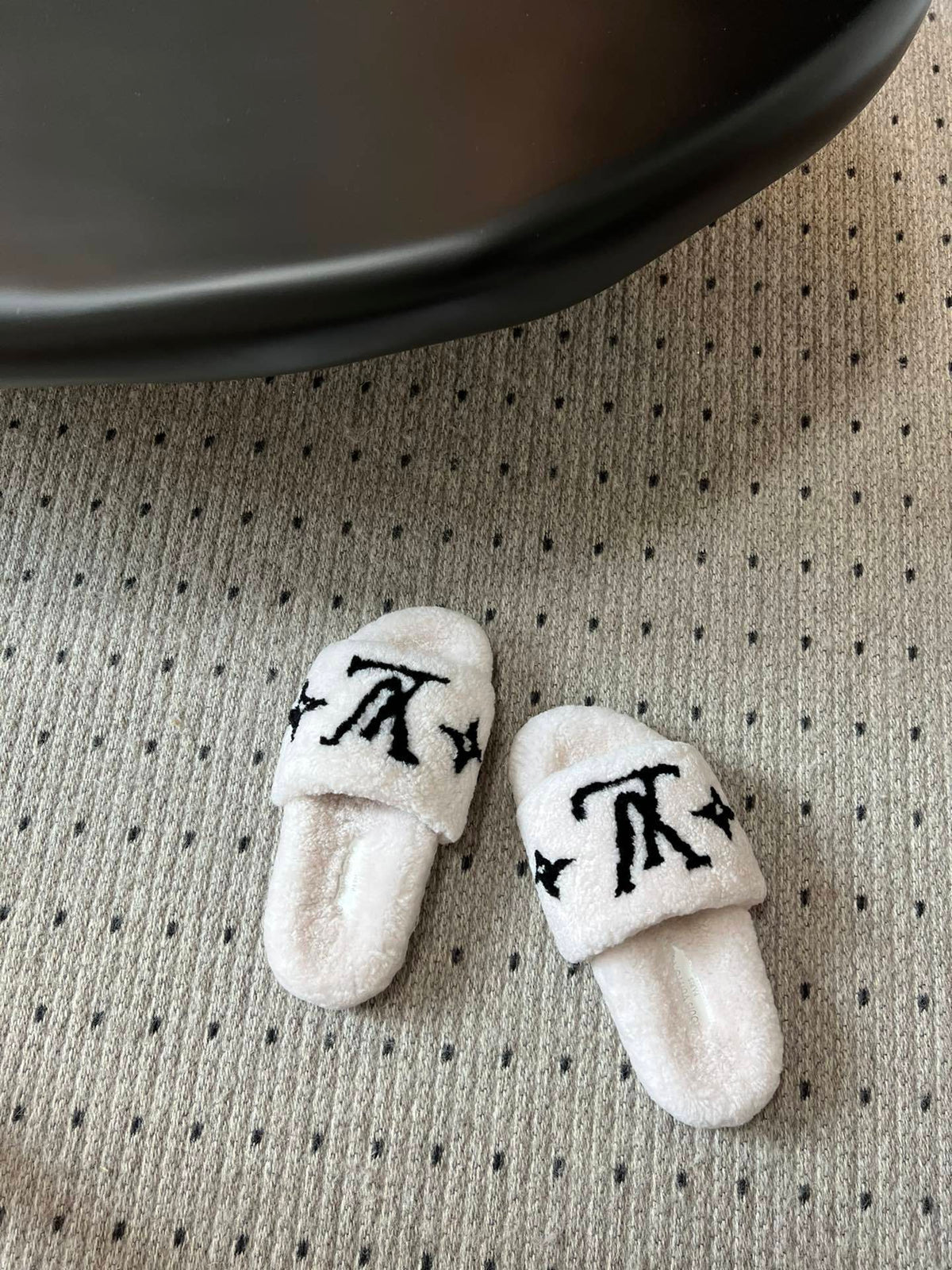 COZY MONOGRAM FUR SLIDE SLIPPERS