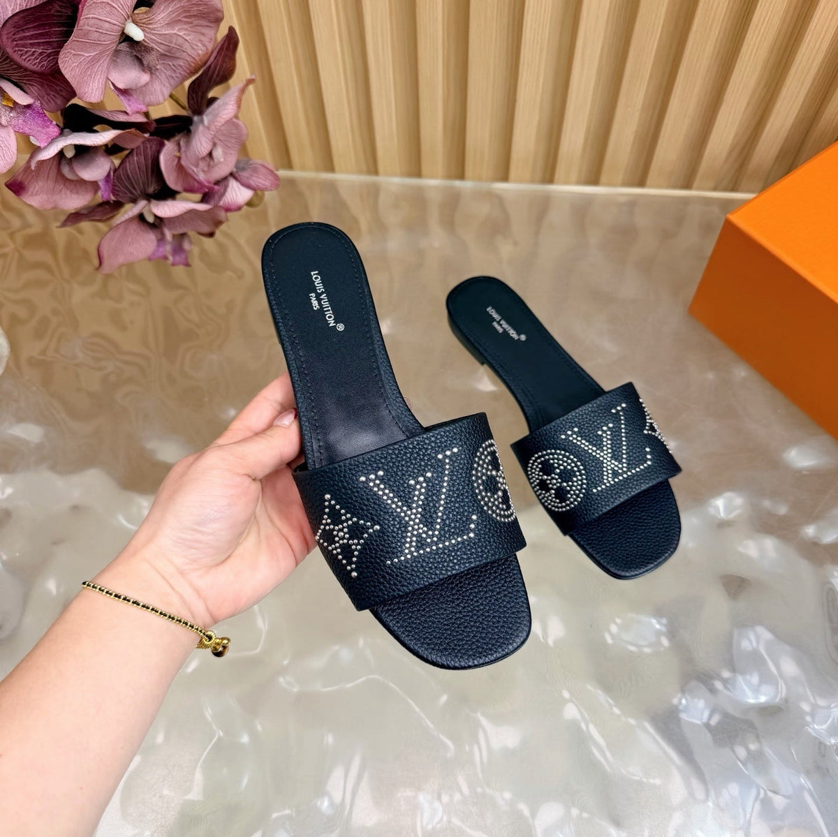 BLACK MONOGRAM STUDDED DESIGNER SLIDES