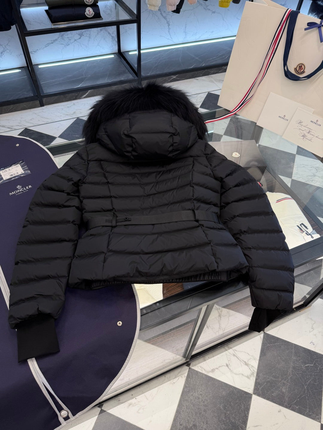 FUR HOODED BELTED PUFFER DOWN JACKET
