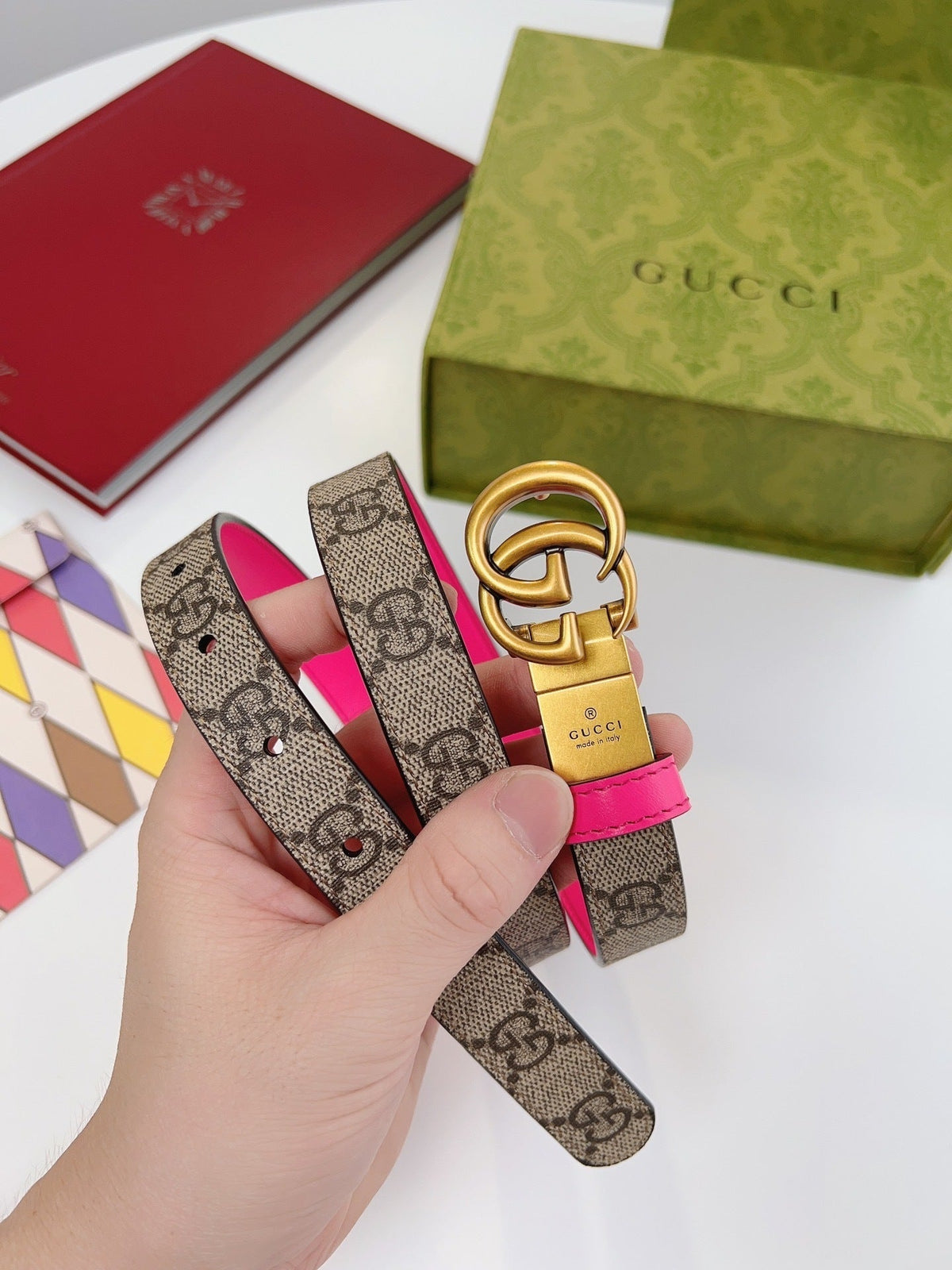 REVERSIBLE MONOGRAM BELT WITH PINK LEATHER AND GOLD DOUBLE RING BUCKLE