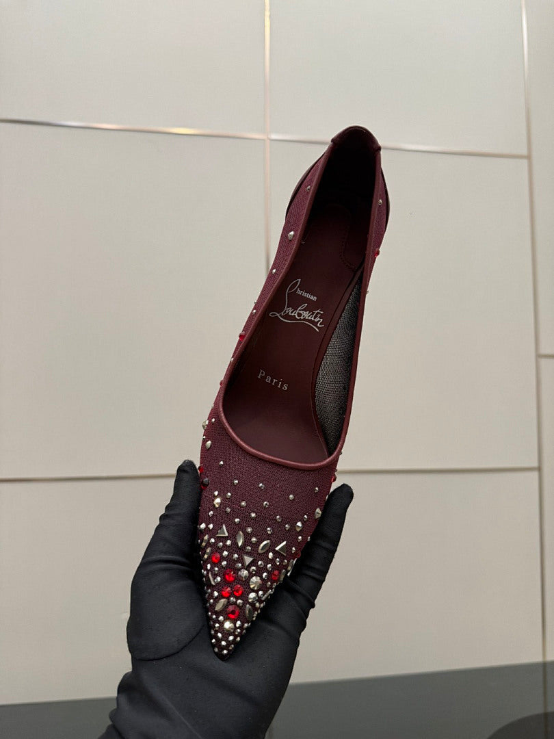 BURGUNDY RHINESTONE MESH PUMPS