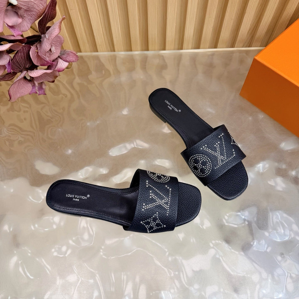 BLACK MONOGRAM STUDDED DESIGNER SLIDES