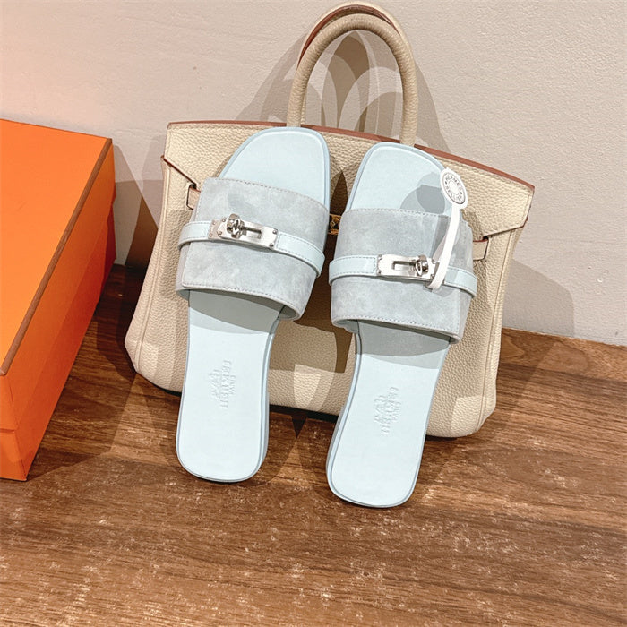 PASTEL BLUE SUEDE BUCKLE SLIDE SANDALS