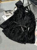 LUXURY BLACK TEXTURED FUR COAT WITH LEATHER BELT DETAIL