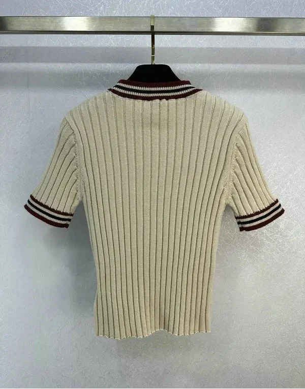 RIBBED LOGO CONTRAST TRIM KNIT TOP