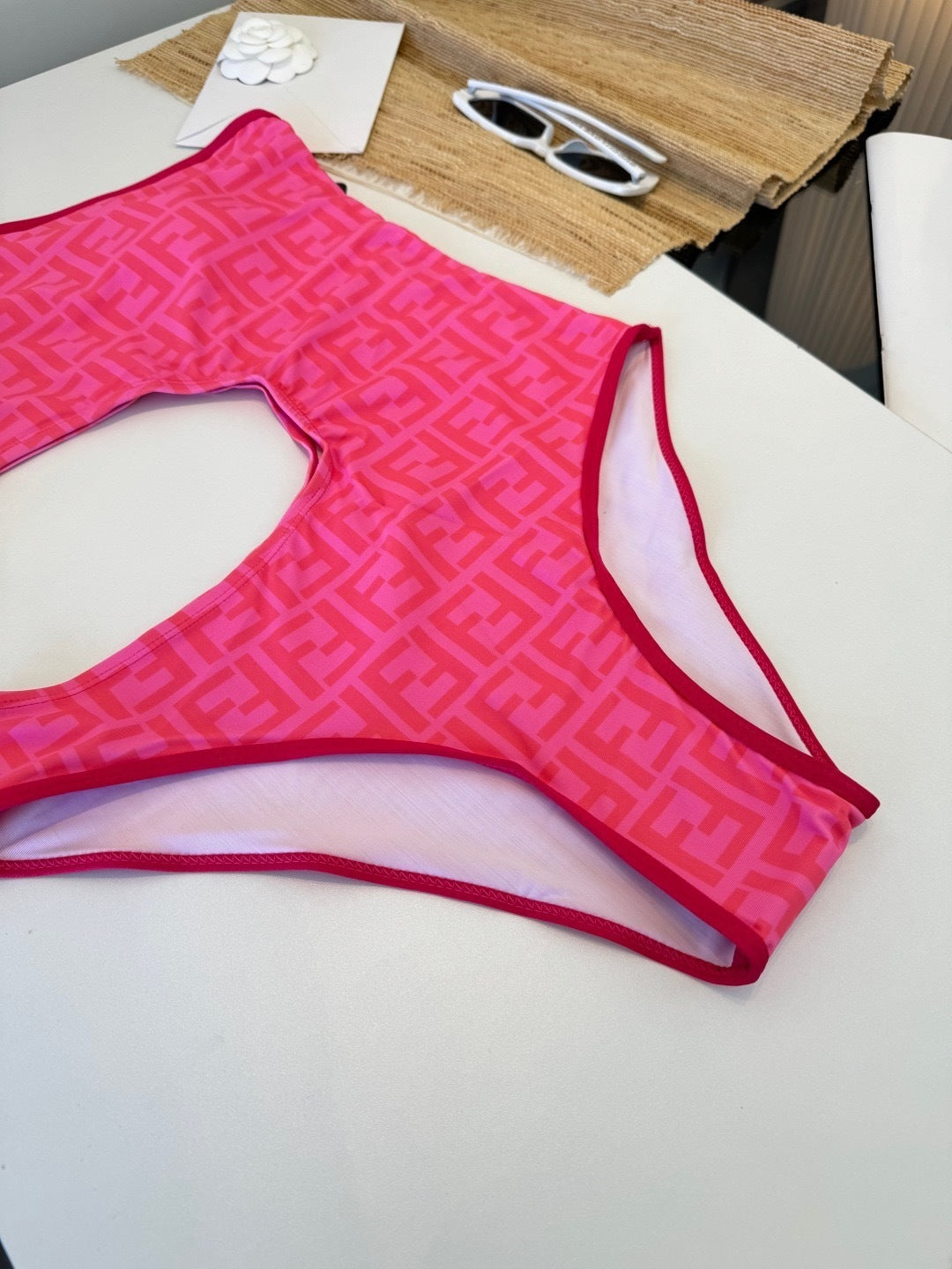 PINK MONOGRAM ONE-SHOULDER CUT-OUT ONE-PIECE SWIMSUIT