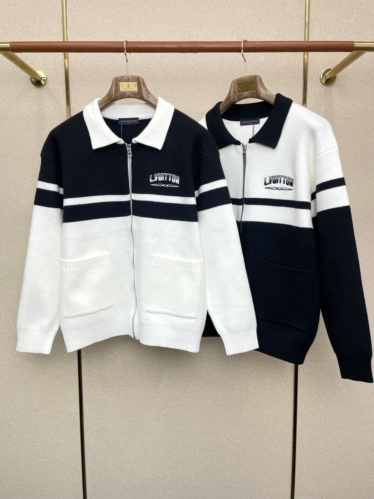 ZIP-FRONT STRIPED KNIT CARDIGAN WITH COLLAR