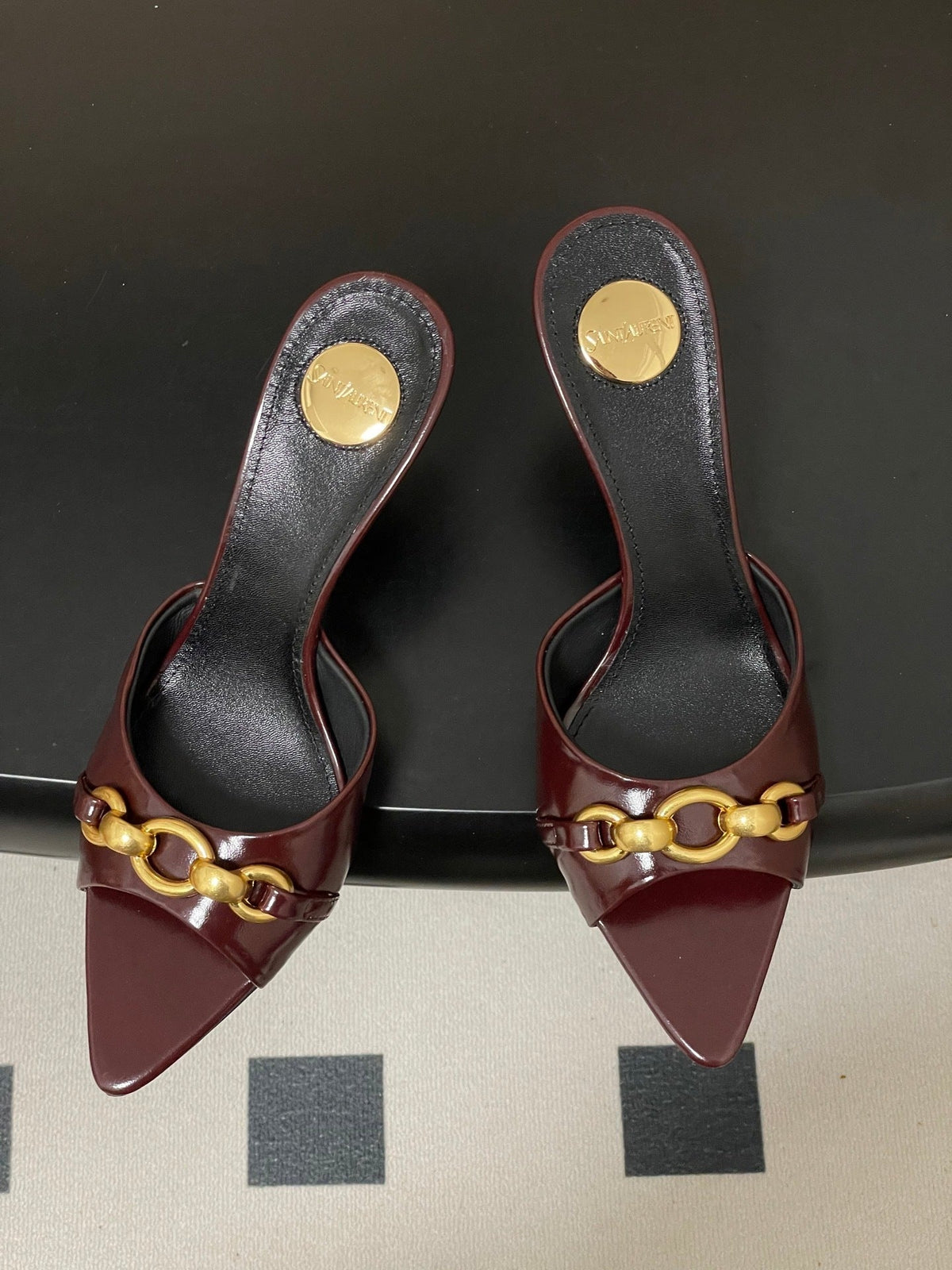 BURGUNDY POINTED TOE MULE HEELS WITH GOLD DETAIL