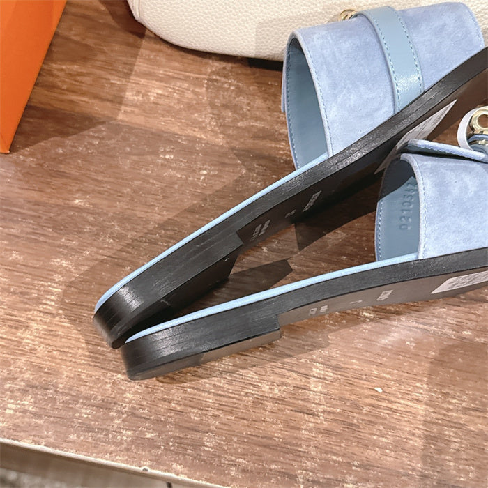 SKY BLUE SUEDE BUCKLE SLIDE SANDALS