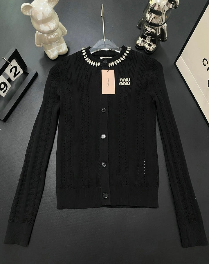 JEWELED COLLAR KNIT CARDIGAN