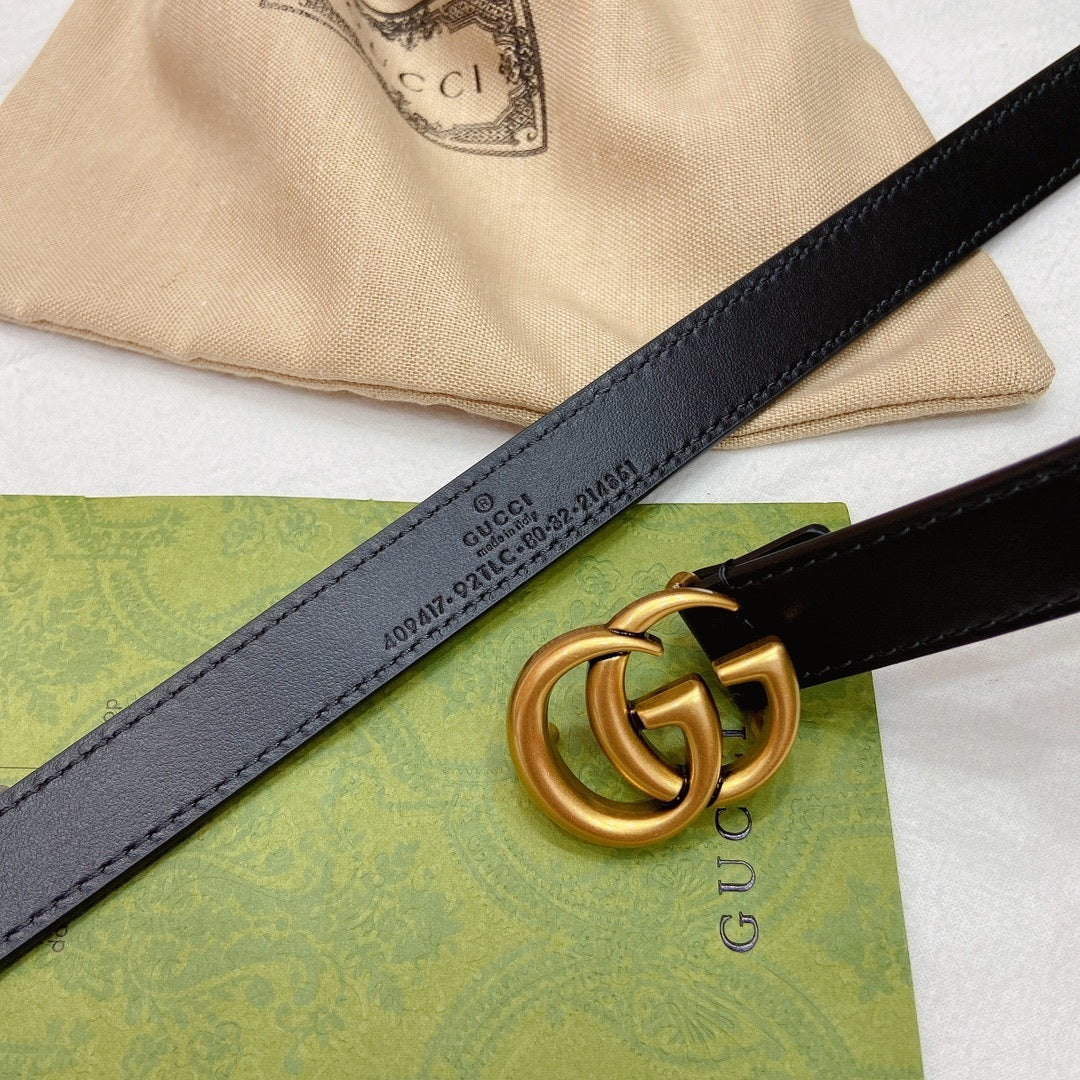 BLACK LEATHER BELT WITH ANTIQUE GOLD DOUBLE G BUCKLE
