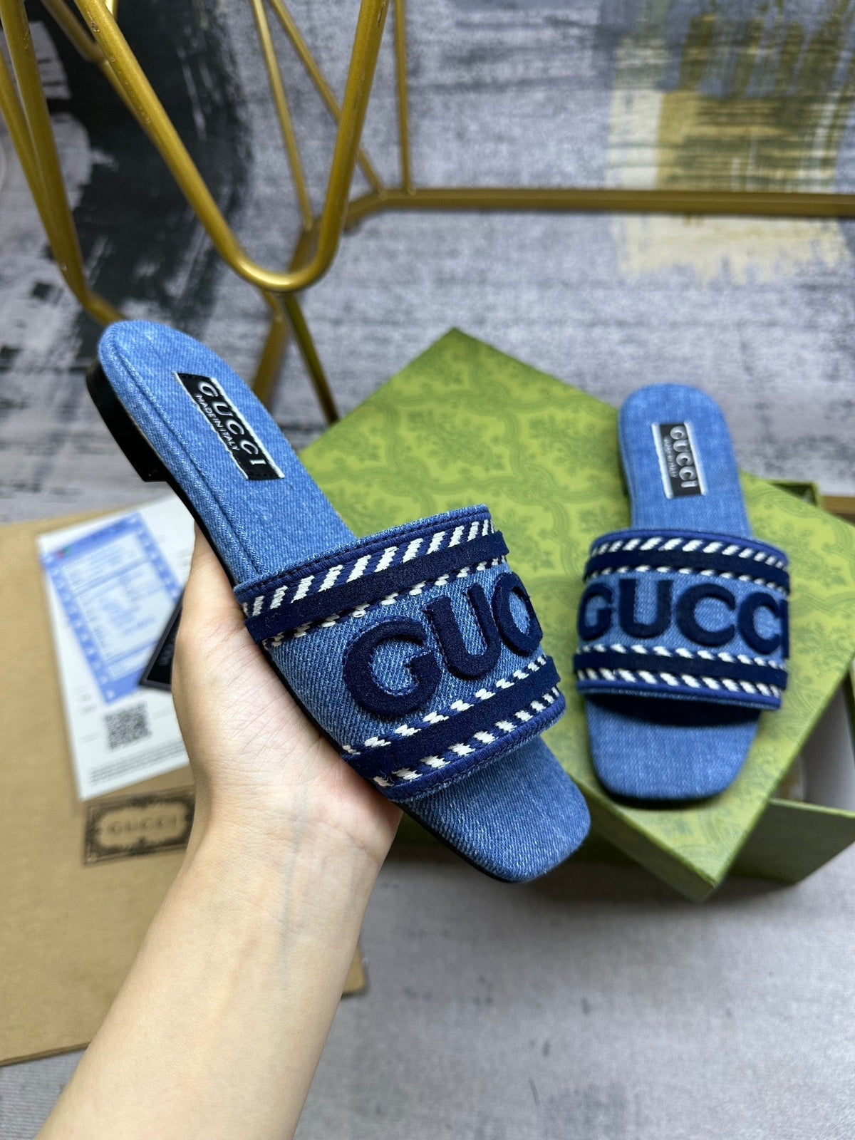 DENIM SLIDE SANDALS WITH EMBROIDERED LOGO STRAP