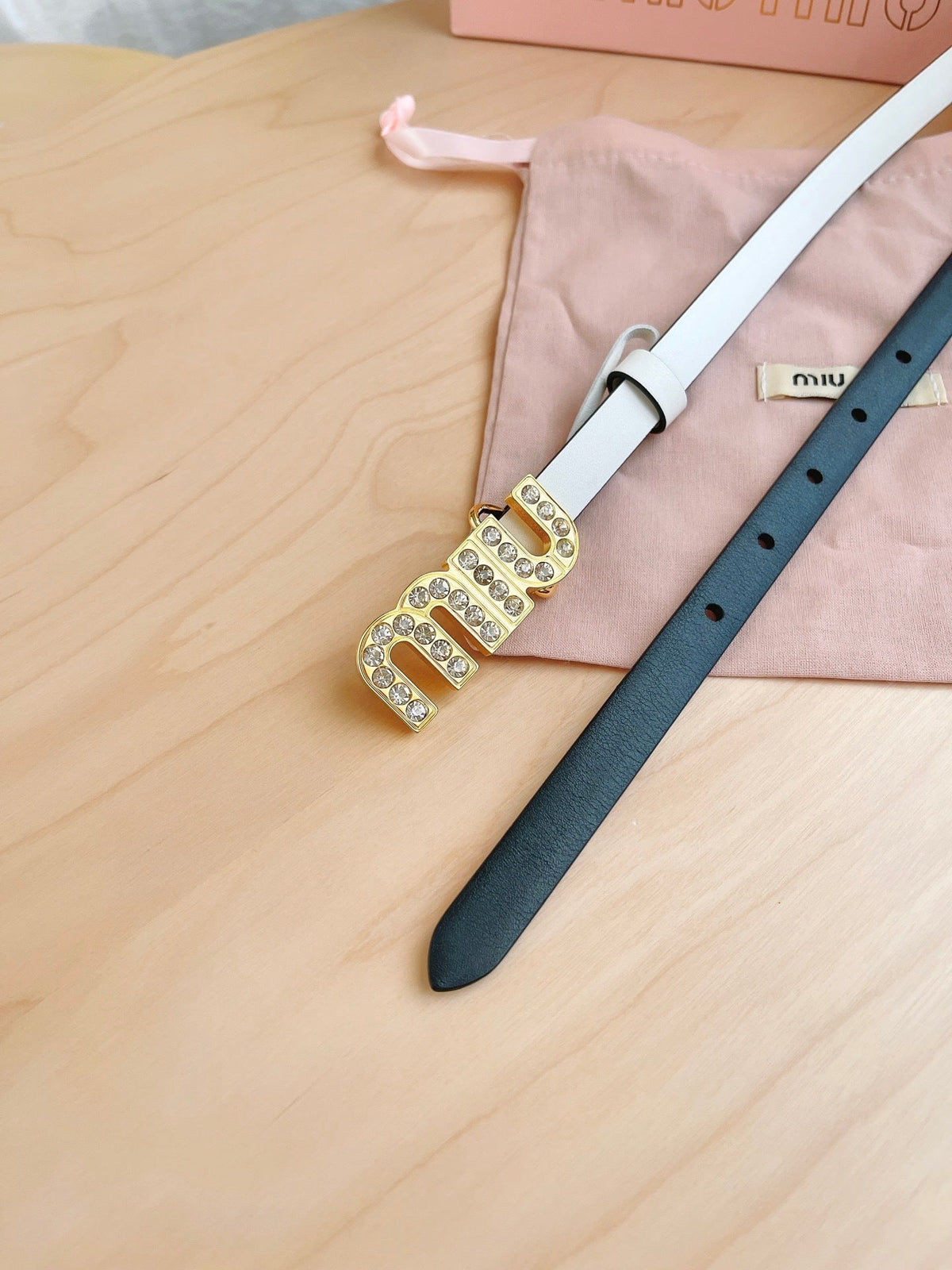 WHITE LEATHER BELT WITH CRYSTAL LETTER BUCKLE