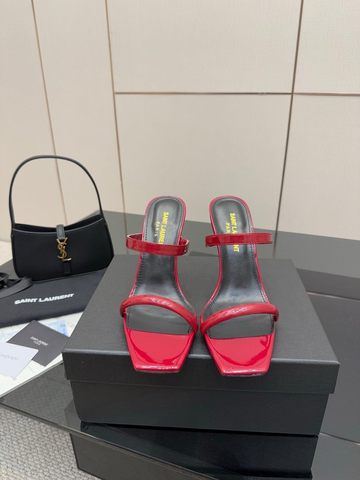 GLOSSY RED STRAPPY HEELS WITH GOLD LOGO HEEL
