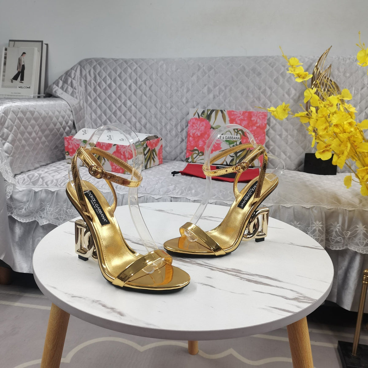 GOLD METALLIC STRAPPY HEEL SANDALS