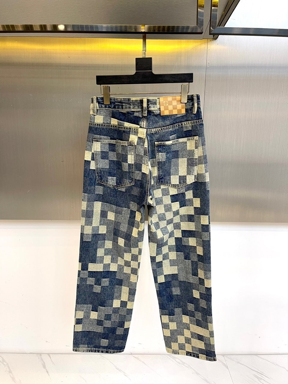 CHECKERED DENIM STRAIGHT-LEG JEANS