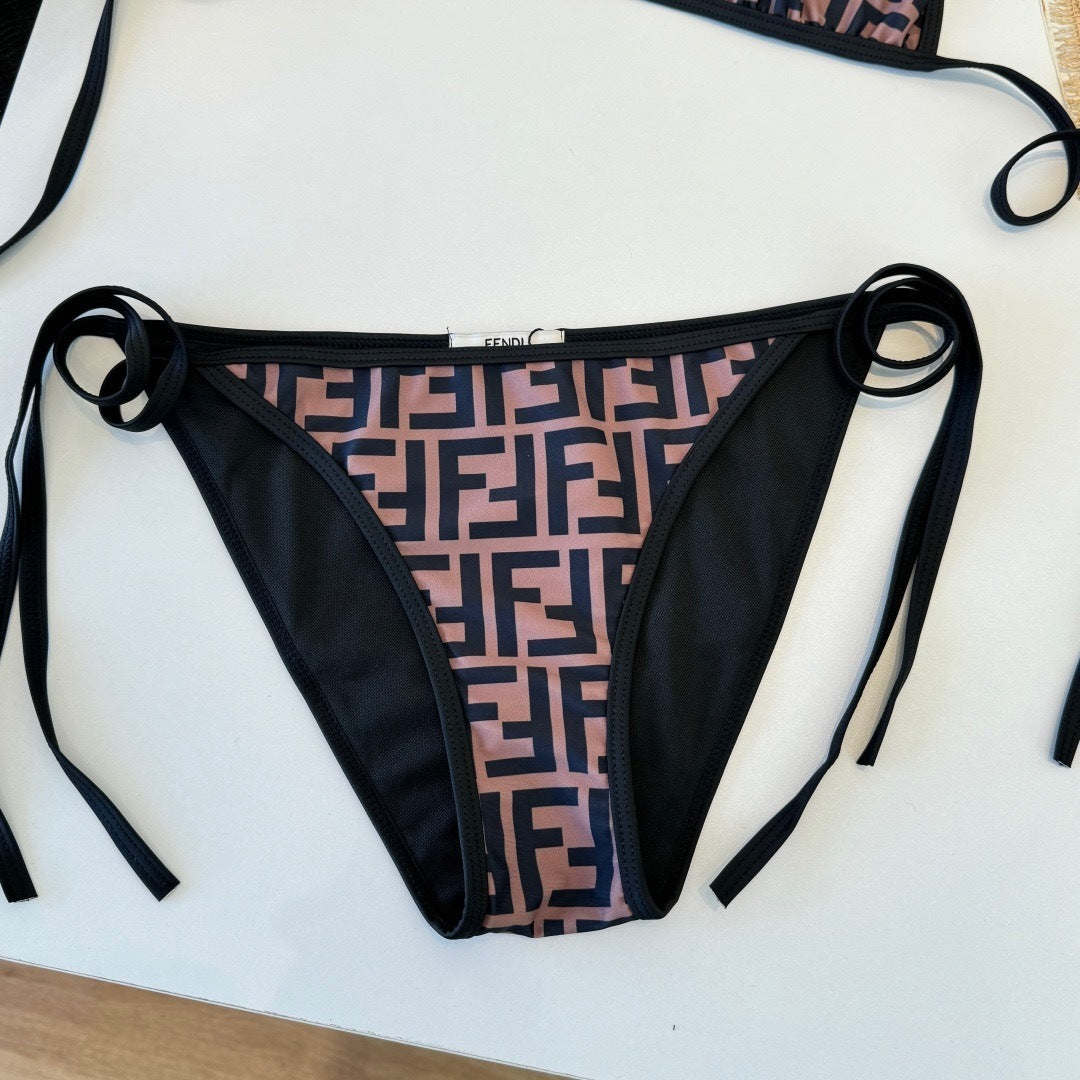 BROWN MONOGRAM TRIANGLE STRING BIKINI SET