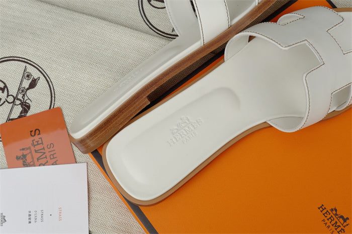 CLASSIC WHITE H-CUT LEATHER SLIDE SANDALS