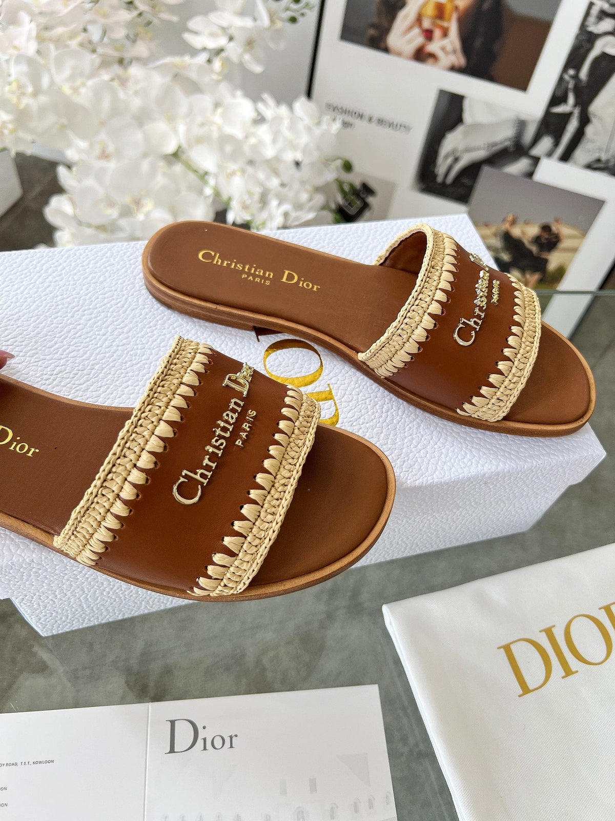 TAN WOVEN LOGO STRAP FLAT SLIDES