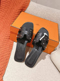 BLACK STUDDED LEATHER SLIDE SANDALS