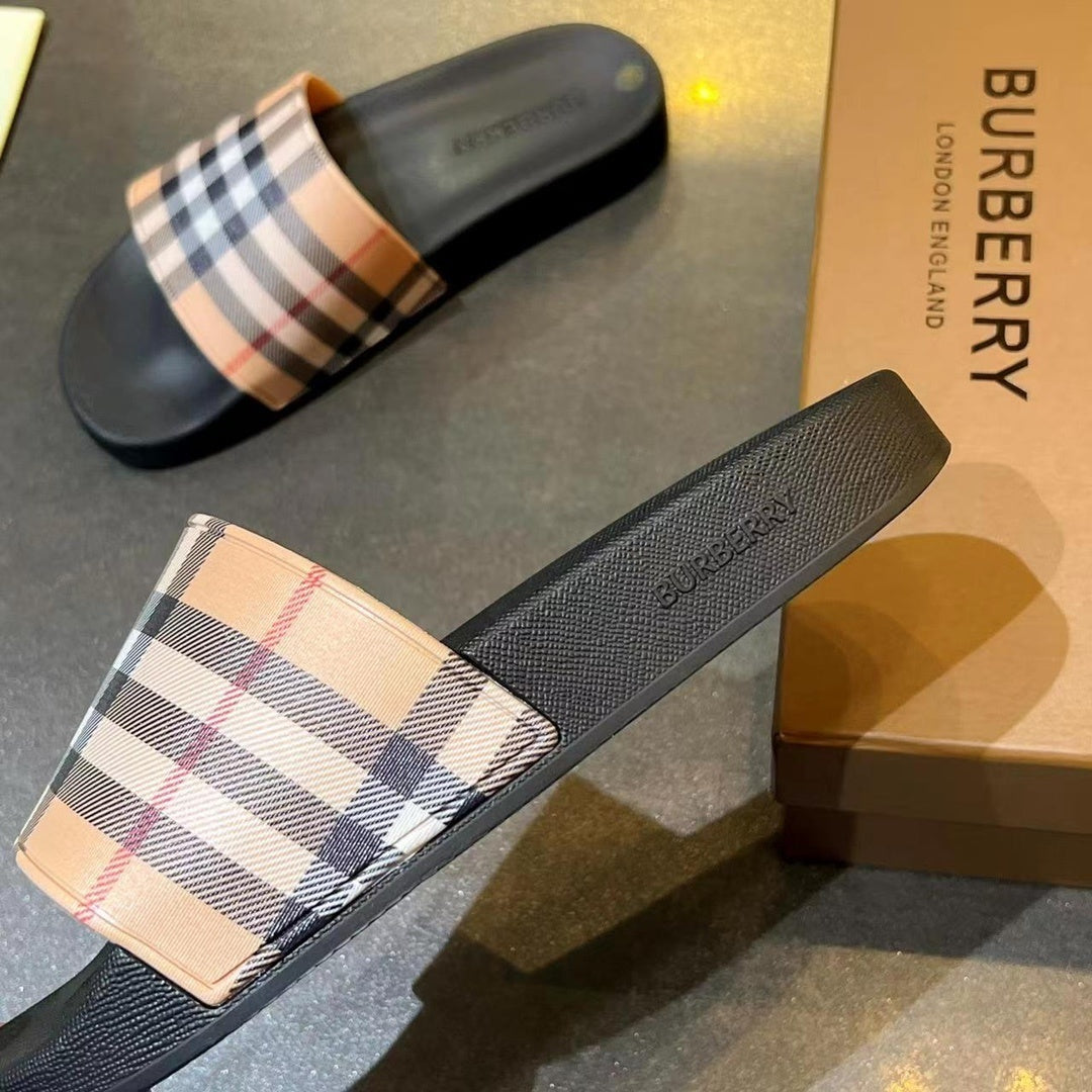 BEIGE CHECK PRINT SLIDE SANDALS