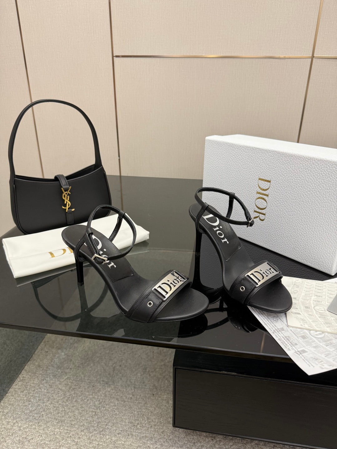 BLACK LOGO STRAP HIGH HEEL SANDALS