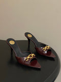 BURGUNDY POINTED TOE MULE HEELS WITH GOLD DETAIL
